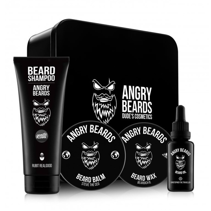 Комплект за грижа за брадата Angry Beards Christopher The Traveler & Steve The CEO, масло за брада 30 ml, балсам за брада 50 ml, шампоан за брада 250 ml, восък за брада 30 ml