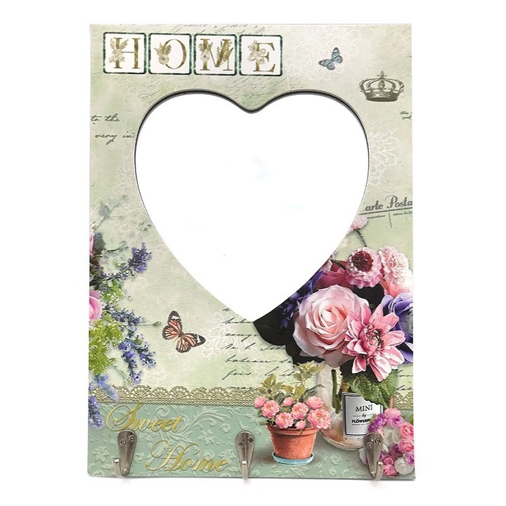 Fából készült tartó tükörrel, virágos szív alakú, M1, 24x34 cm