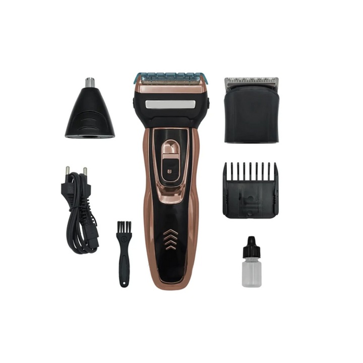 Masina De Tuns Barba Si Contur HYT ®, Multifunctionala, 3 Capete Interschimbabile, Pentru Tuns, Ras, Nas Si Urechi, Putere 2W, Acumulator Reincarcabil, Cu Pana La 85 Minute De Functionare, Incarcare USB, Usor De Utilizat, Culoare Negru/Auriu
