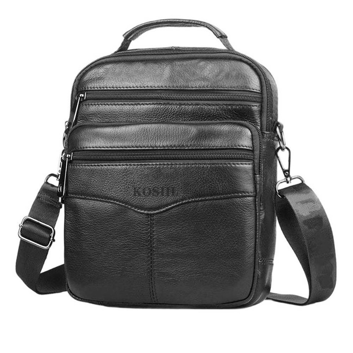 Geanta pentru barbati, Kosiil®, Piele naturala, 23x28x8 cm, Negru