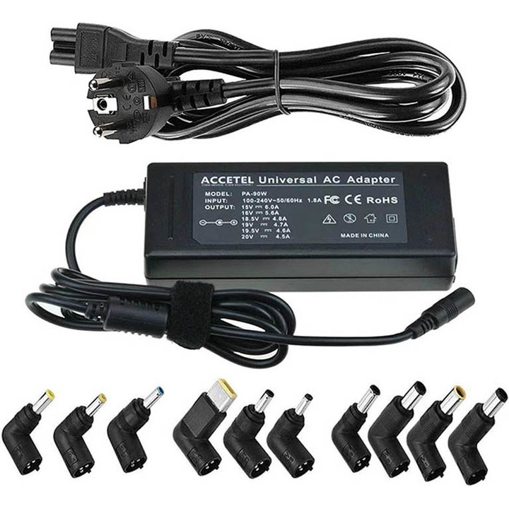Incarcator universal pentru laptop Kosiil®, 10 conectori, 15-20 V, 90 W, Negru