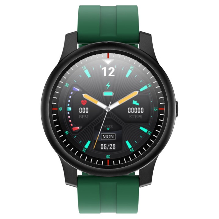 Smartwatch Jordan Kerr, pentru barbati, monitor de ritm cardiac, pulsoximetru, pedometru, vreme, primirea de mesaje, verde/negru