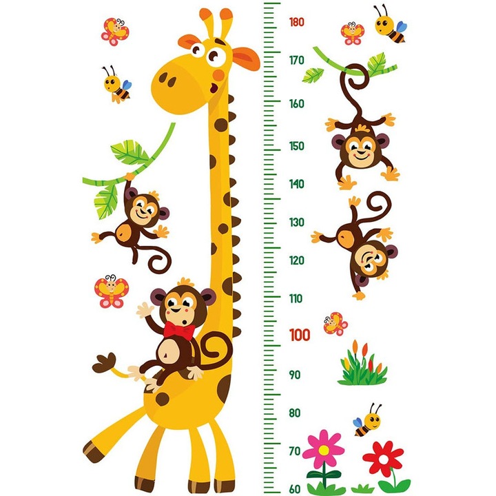 Sticker autocolant pentru masurare inaltime copii, Model jungla, PVC, 180 cm, Multicolor