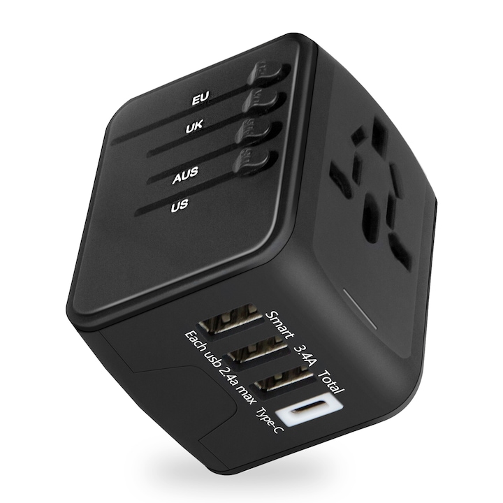Nierbo Utazó adapter, 3 USB port 1 C típusú és 1 aljzat, Univerzális, Fekete