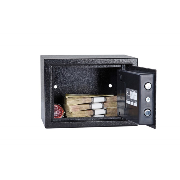 Seif metalic cu pin digital si cheie G 17 E, Art Flame, 230x170x170 mm, Gri inchis, Cod de securitate programabil, Functie auto-blocare