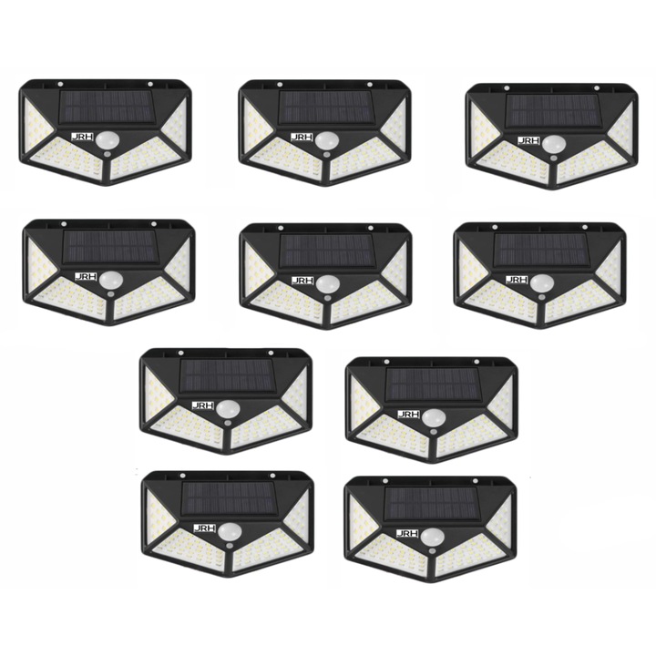 Set 10 lampi cu incarcare solara, cu senzori de amurg, miscare si lumina, 3 trepte de iluminare, 100 x LED, JRH-UTE®