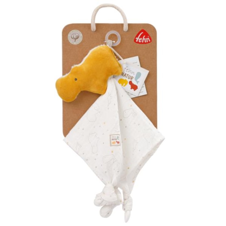 Interaktív babajáték, Fehn, Organikus pamut/PLA, 0 hónapos+, Fehér/Sárga