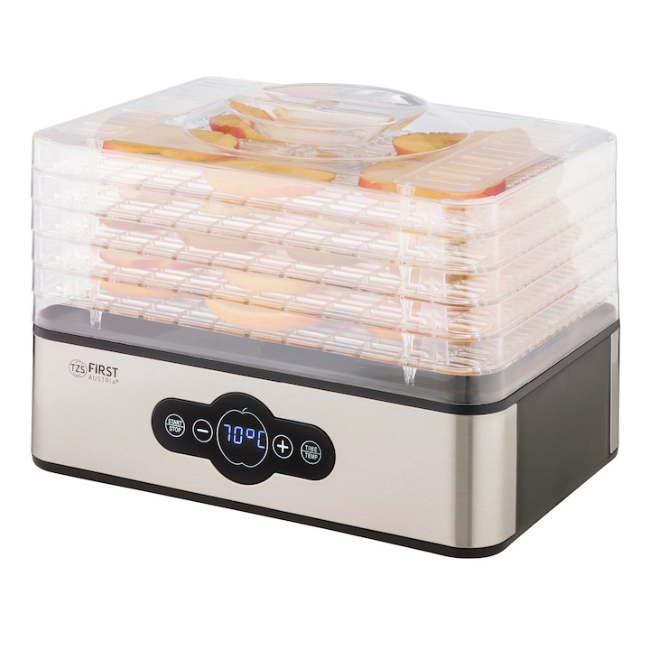 TZS First Austria Deshidrator pentru fructe, ierburi aromatice, ciuperci și carne, digital cu temporizator și control al temperaturii 35-70°C, 5 rafturi, tăvi fără BPA