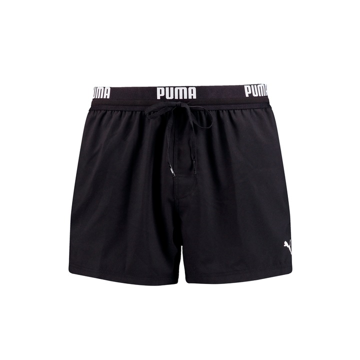 Puma, Pantaloni scurti de baie cu banda logo in talie, Alb/Negru