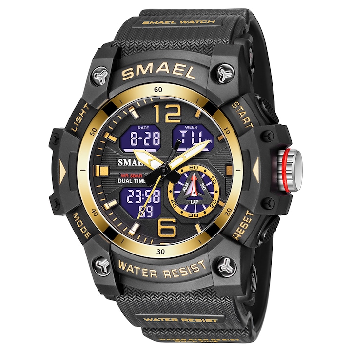 Smael Мъжки ръчен часовник Спорт Ежедневен армейски стил Военен цифров хронограф с двойно време Водоустойчив и удароустойчив злато