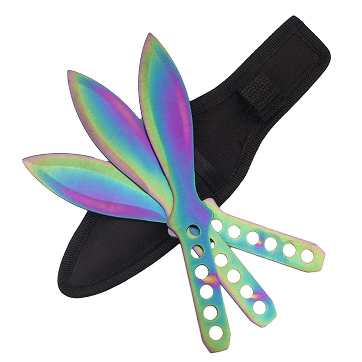 Set trei cutite de aruncat DEPOX®, Rainbow Territory, otel inoxidabil, 21.5 cm, teaca inclusa