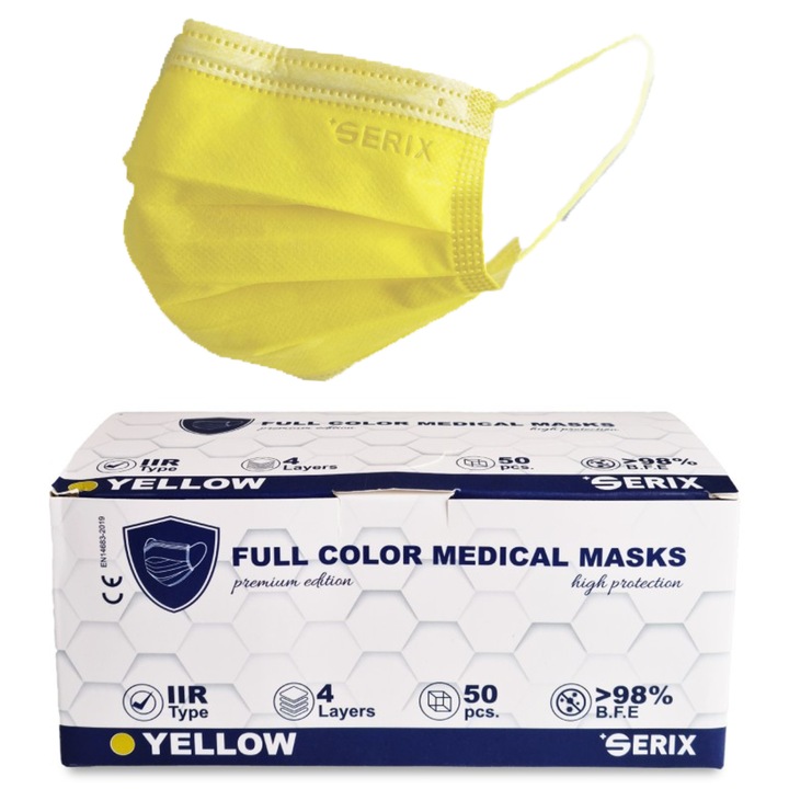 Set 50 buc Masti medicale SERIX tip IIR, 4 straturi, 3 pliuri, tija metalica nazala, eficienta filtrare ≥98%, full color galben