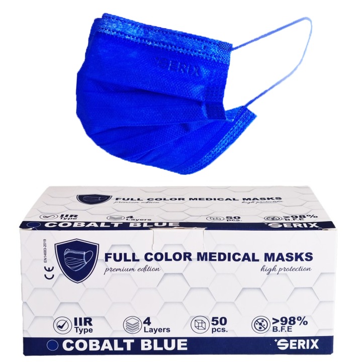 Set 50 buc Masti medicale SERIX tip IIR, 4 straturi, 3 pliuri, tija metalica nazala, eficienta filtrare ≥98%, full color albastru cobalt