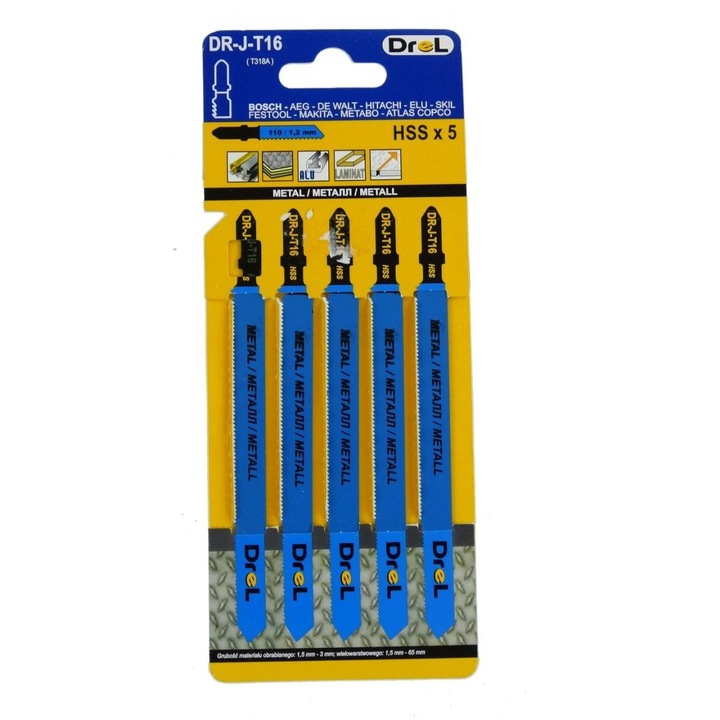 Panza, lama, fierastrau pendular, pentru metal, aluminiu, HSS, prindere tip T, set 5 buc, 132 mm, Drel