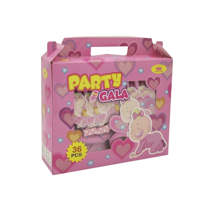 Комплект от 36 аксесоара за детското парти, розова бебешка тема, Party Gala