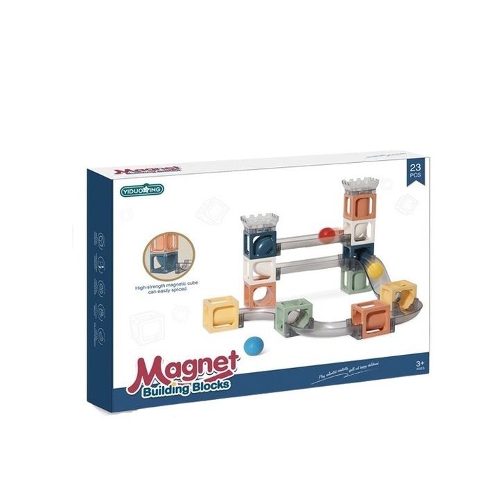 Set piese magnetice de constructie, cu tobogane si bile, 23 piese, multicolor