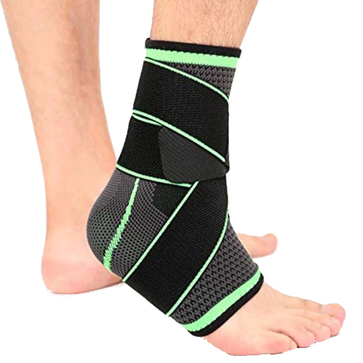 Neo Flexx elasztikus bokarögzítő, védő ortézis, rögzítés rugalmas rögzítő szalagokkal, kötés típus, fekete-zöld