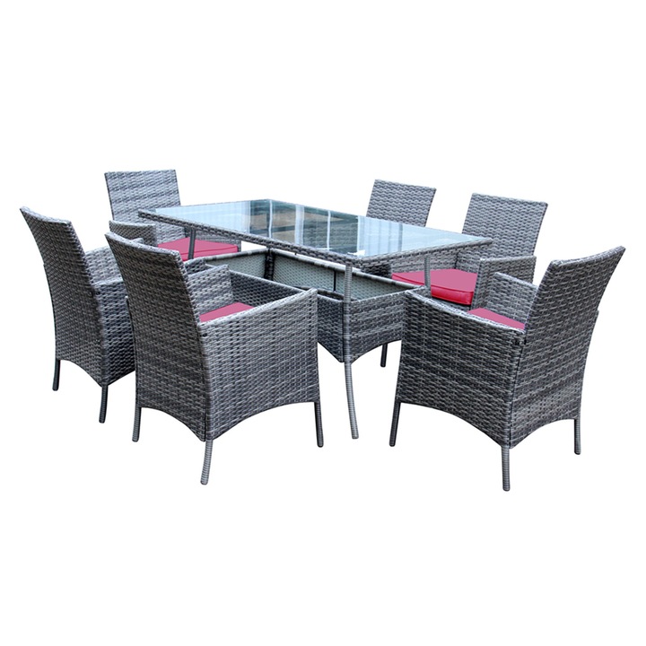Set masa dreptunghiulara, cu 6 scaune cu perne, pentru gradina York, din metal cu ratan sintetic