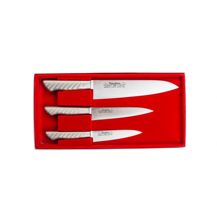 Set 3 cutite, Masahiro, Otel inoxidabil, 210 mm, Argintiu/Rosu