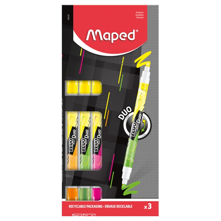 Maped Fluo Peps Duo 1-5 mm Szövegkiemelő készlet - Vegyes színek (3 db/csomag) (734127)