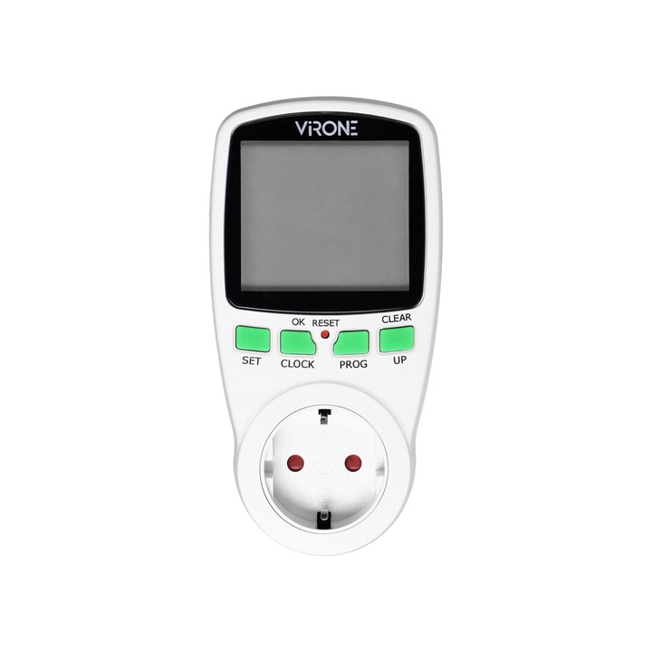 VIRONE DT-1(GS) programozható aljzat, schuko, 230V, 16A, 3680W, 12/24 óra, IP20, 16 program, nyári/téli funkció, fehér