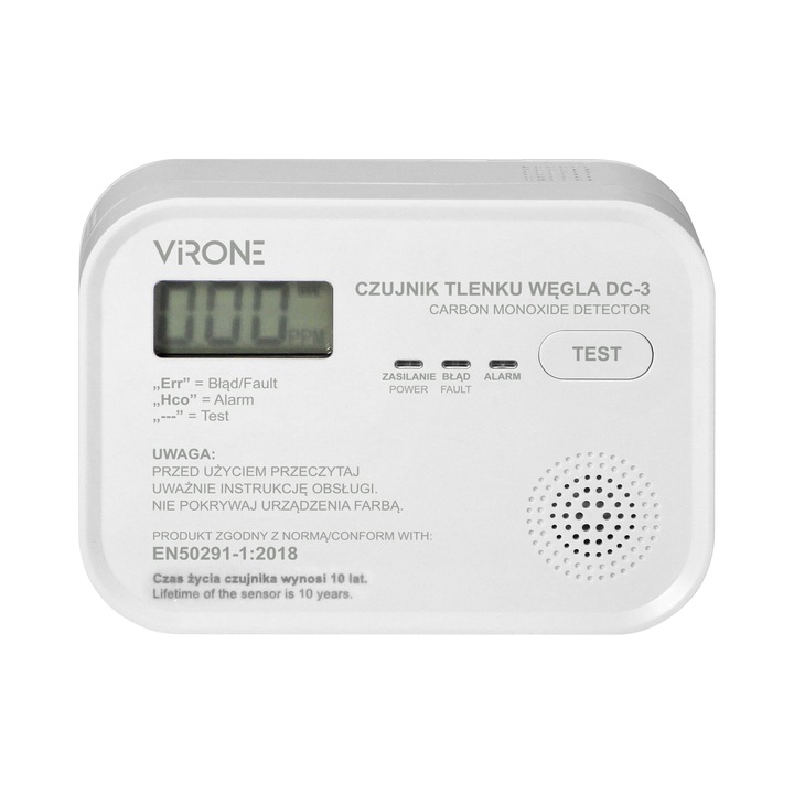 VIRONE DC-3 Szén-monoxid érzékelő CO, 3 x AA, LCD, TEST gomb, fehér