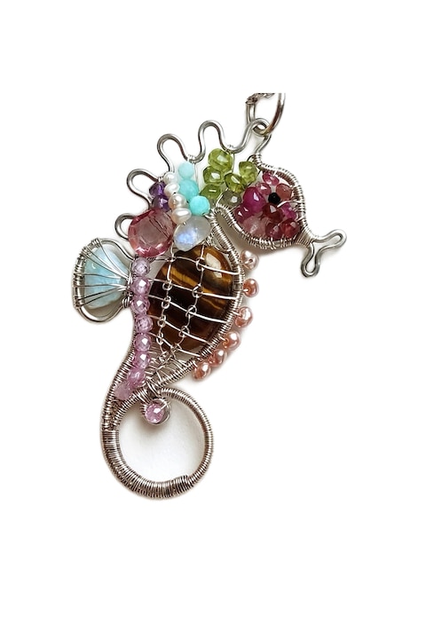 Pandantiv de Lux Calut de mare cu Larimar prins in Argint, multiple pietre semipretioase, Maro, 7 cm