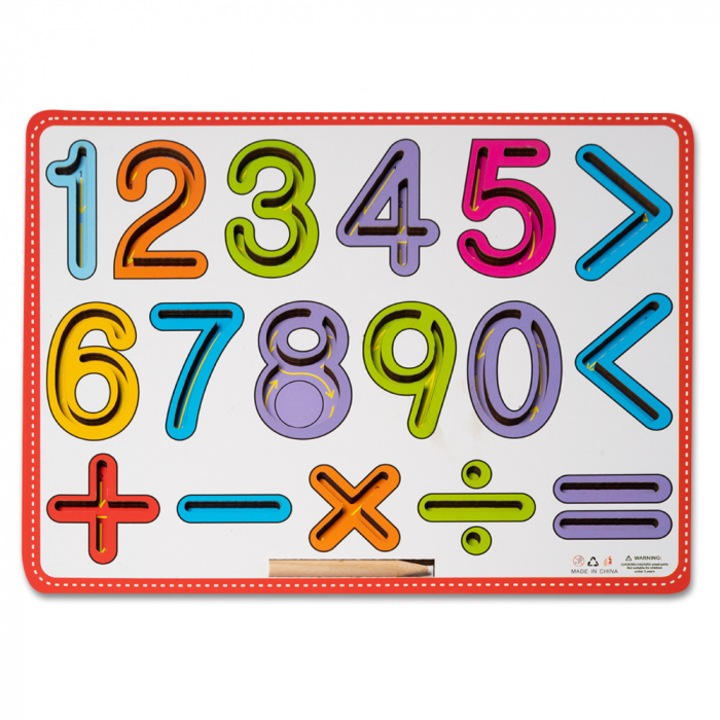 Монтесори дъска Научи се да пишеш Числа и математически знаци, дървена, 30 х 22 см