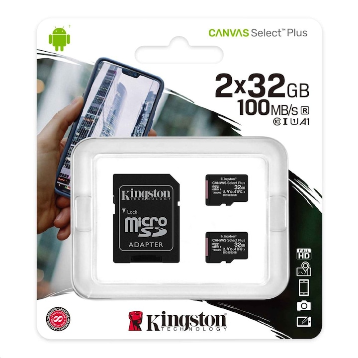 32GB microSDHC Kingston Canvas Select Plus CL10 memóriakártya 2db/cs + adapter (SDCS2/32GB-2P1A) (SDCS2/32GB-2P1A) - Memóriakártya