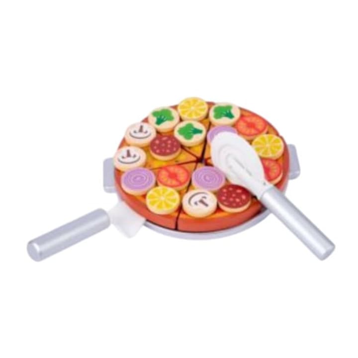 Jucarie Montessori Pizza de feliat, cu 27 accesorii, din lemn
