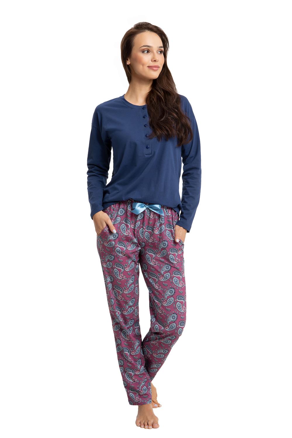 Oriental Simplicity bride Pijama pentru femei LUNA 617 polo albastru marin cu nasturi in jos /  pantaloni cu model paisley carmin - eMAG.ro