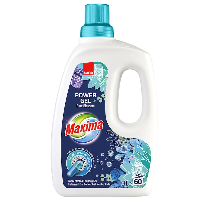 Detergent gel concentrat pentru rufe Sano Maxima Blue Blossom , 60 spalari, 3 l