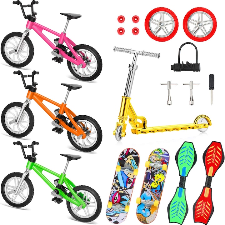 Set de 18 mini jucarii pentru degete, WALALLA, Skateboard-uri/Biciclete/Trotineta, Plastic, Multicolor