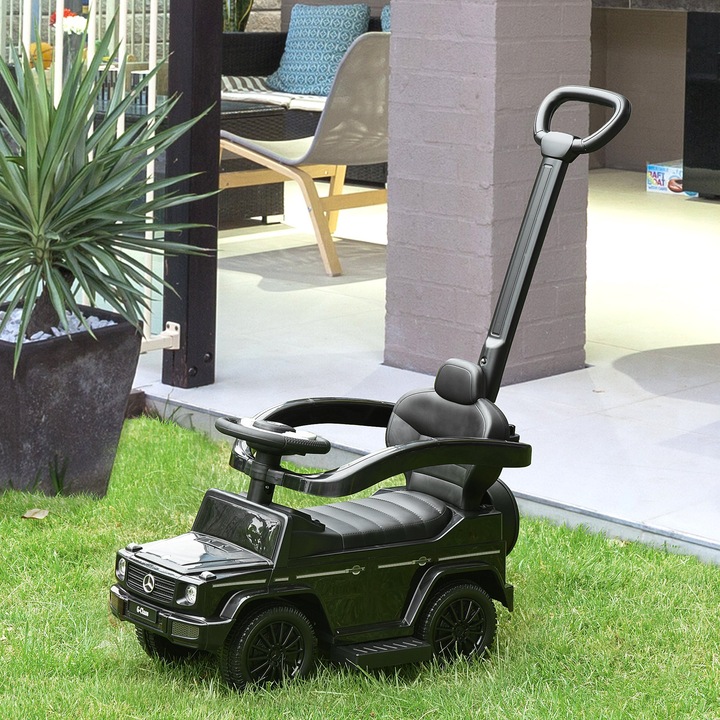 Детска кола, Homcom, PP/Metal, Mercedes-Benz G350, Дръжка за бутане, 12-36 месеца, Черна