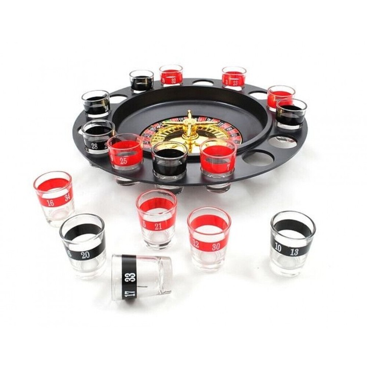 Рулетка с шотове "Likesmart Shot Roulette", 16 стъклени чаши, 2 стоманени топки, червено/черно