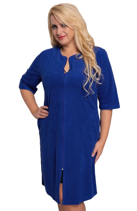 Halat dama, MDR24, De casa, Cu decolteu rotund, Bumbac/Poliester, Albastru, Marimea 46