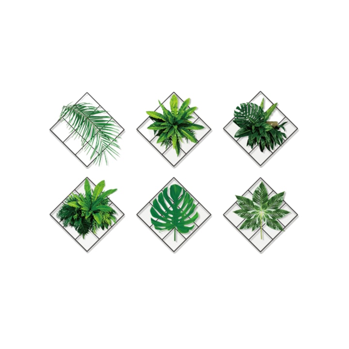 Set Stickere Decotative, 3D, Plante Ornamentale, 6 Bucati x 25 cm x 25 cm, Verde Lucios