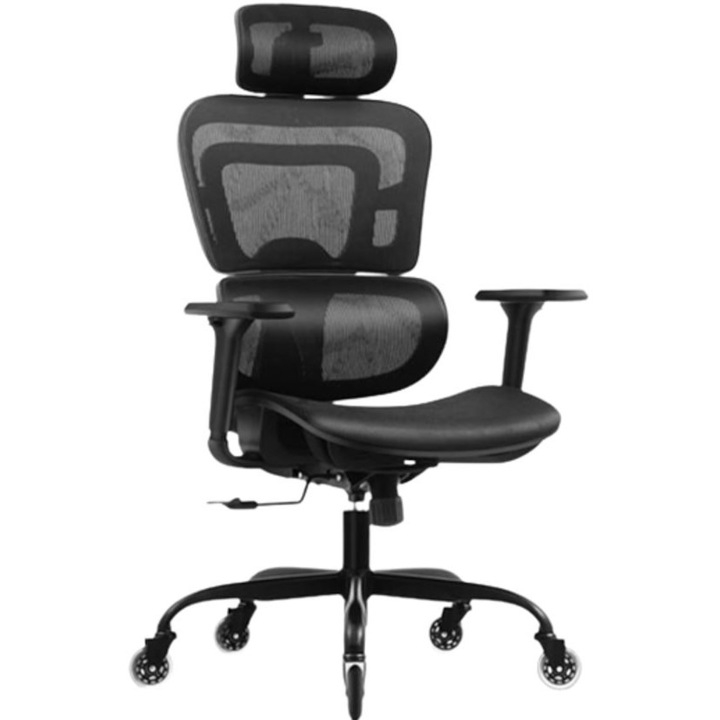 Scaun de birou ergonomic cu spatar mare, suport lombar, tetiera si cotiere reglabile, scaun pentru calculator, negru