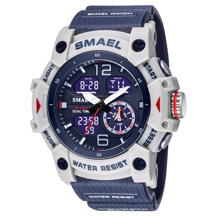 Мъжки часовник Smael Sport Casual Stil Army Militar Digital Dual Time Cronograf, Водоустойчив, Удароустойчив, Син / Бял