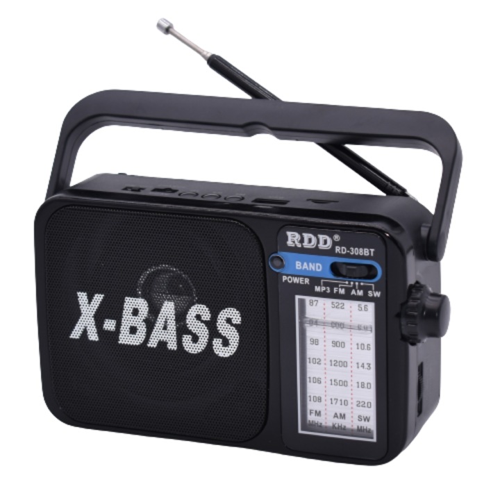 Radio portabil cu acumulator 3.7v 1200mAh, cititor Mp3 USB/TF, Bluetoth, Radio AM/FM/SW, Lanterna, negru