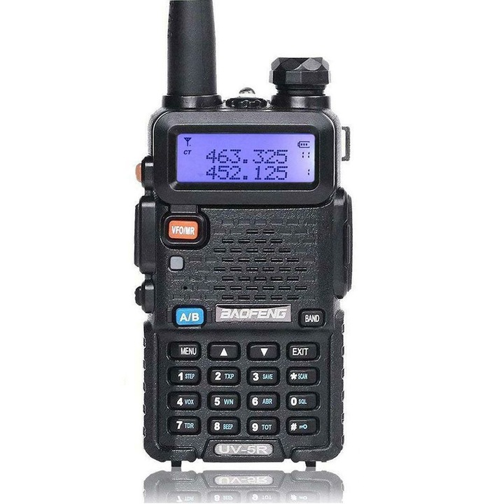 Радиостанция Baofeng UV-5R walkie talkie, Преносима, VHF/UHF двойна лента, LED индикатор, 128 канала памет, 5W, Включва батерия и микрофон, Черен