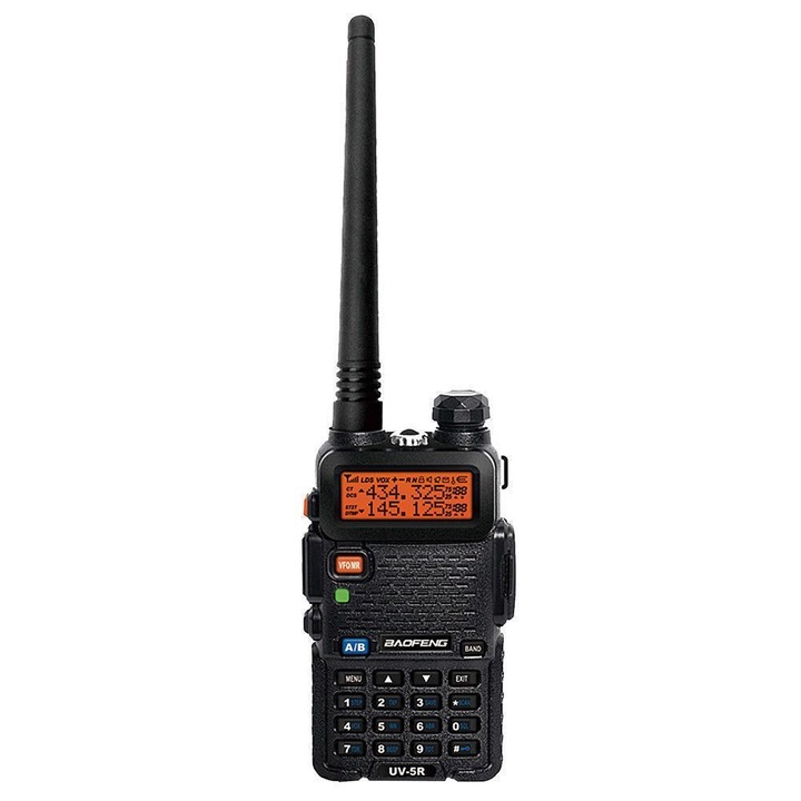 Baofeng UV-5R Hordozható rádióállomás, walkie talkie, 5W, VHF/UHF kétsávos, LED kijelző, 128 memóriacsatorna, elemmel és mikrofonnal, Fekete
