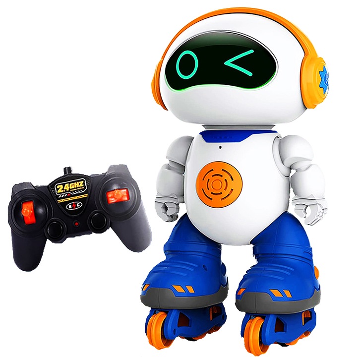 Robot Inteligent pe Role, Deplasare 360 grade, cu Sunete si Lumini, cu Telecomanda, Jucarie interactiva pentru copii, AK6063
