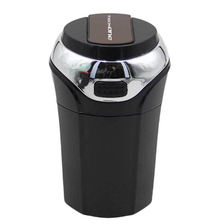 Techone® Fresh Cent autós hamutartó, beépített öngyújtóval, akkumulátorral, kivehető, fém belsővel, rugós fedéllel, fekete