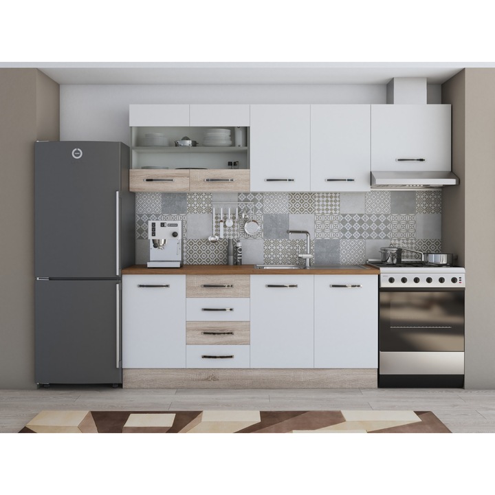 Bucatarie Alfa 240, corp hota, cu vitrina, alb/sonoma, blat termic nuc