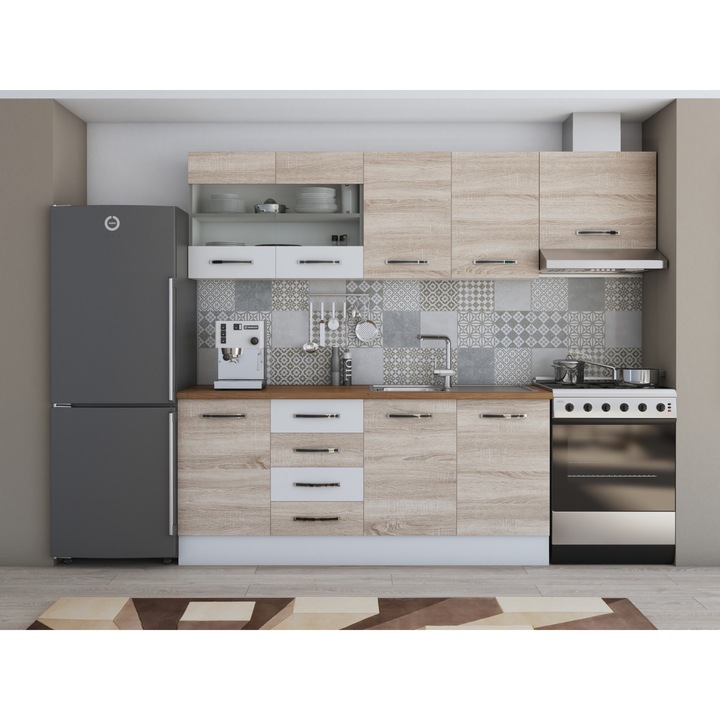 Bucatarie Alfa 240, corp hota, cu vitrina, sonoma/alb, blat termic nuc