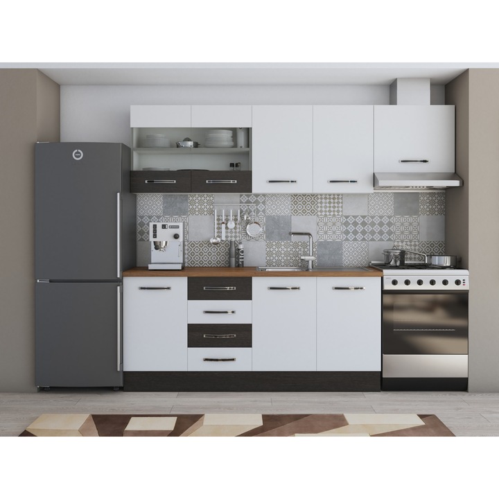 Bucatarie Alfa 240, corp hota, cu vitrina, alb/wenge, blat termic nuc