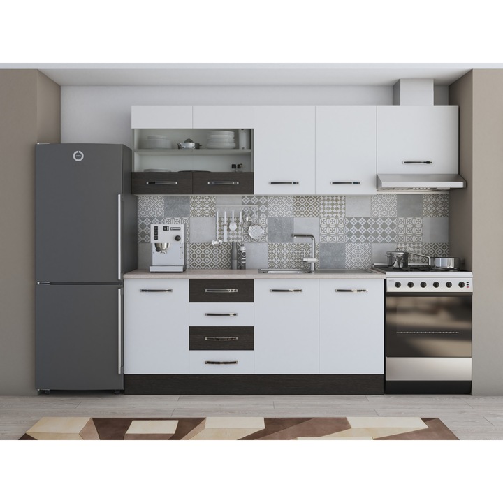 Bucatarie Alfa 240, corp hota, cu vitrina, alb/wenge, blat termic travertin