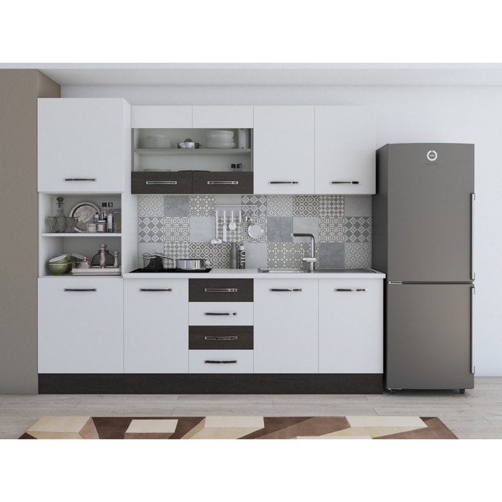 Bucatarie Alfa 240, soldat, cu vitrina, alb/wenge, blat termic alb