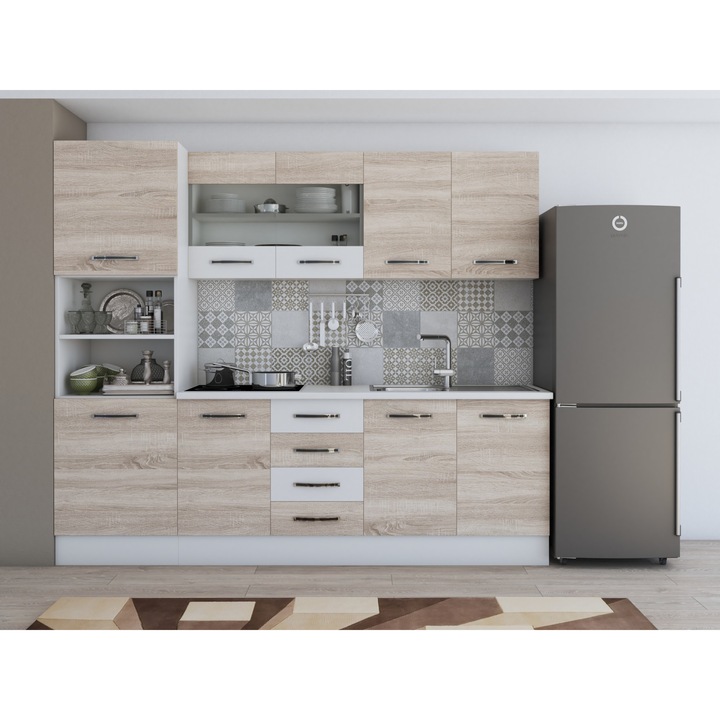 Bucatarie Alfa 240, soldat, cu vitrina, sonoma/alb, blat termic alb